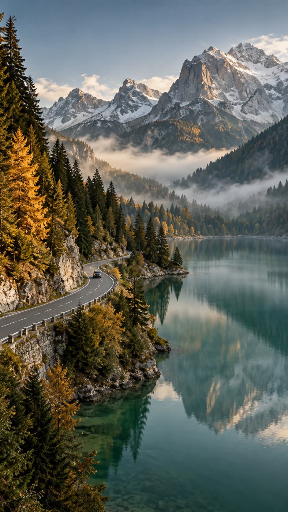 Carretera junto a un lago, bosques y montañas de los Alpes
