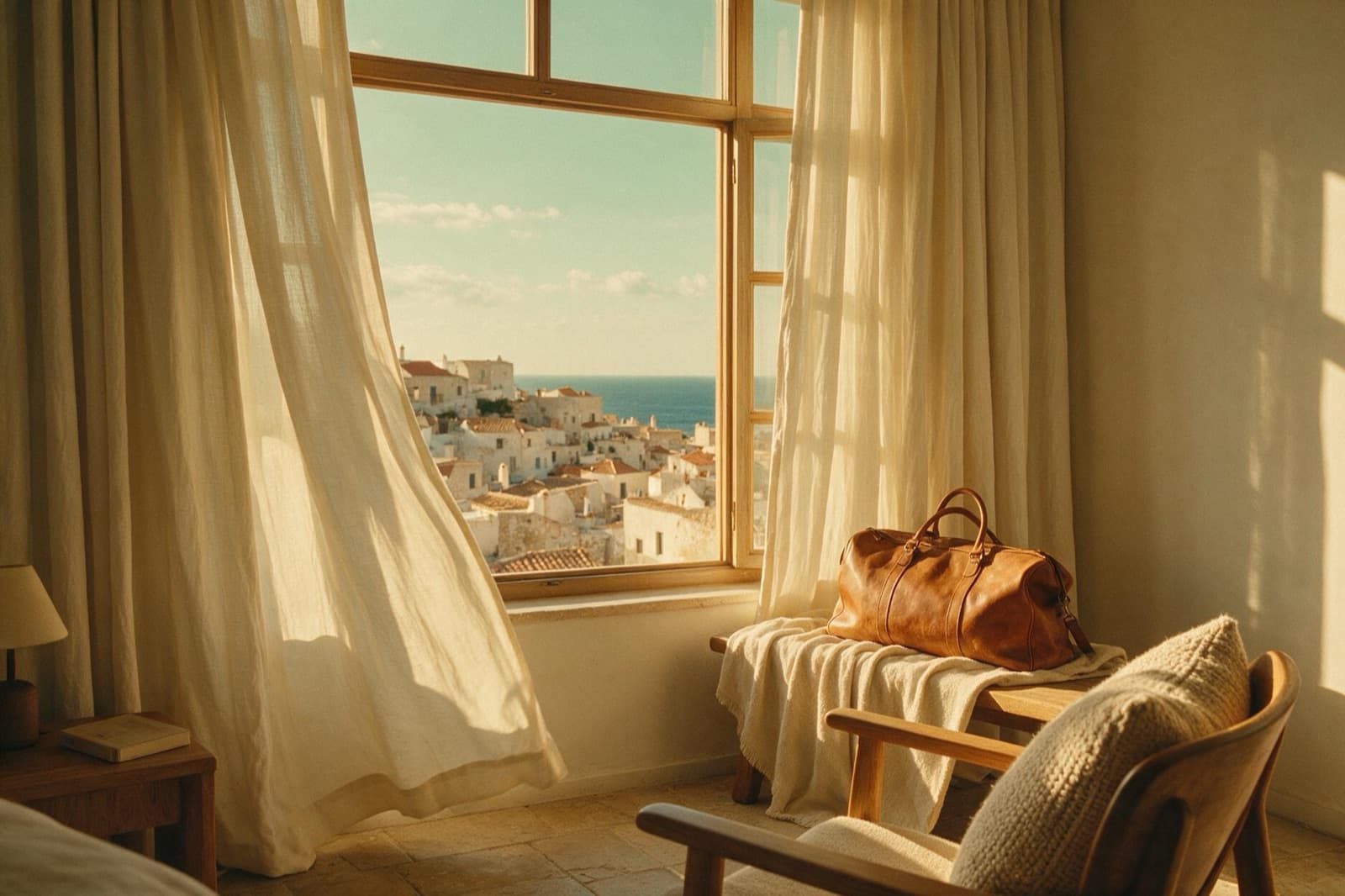 Habitación de hotel con ventana abierta a un pueblo mediterráneo junto al mar