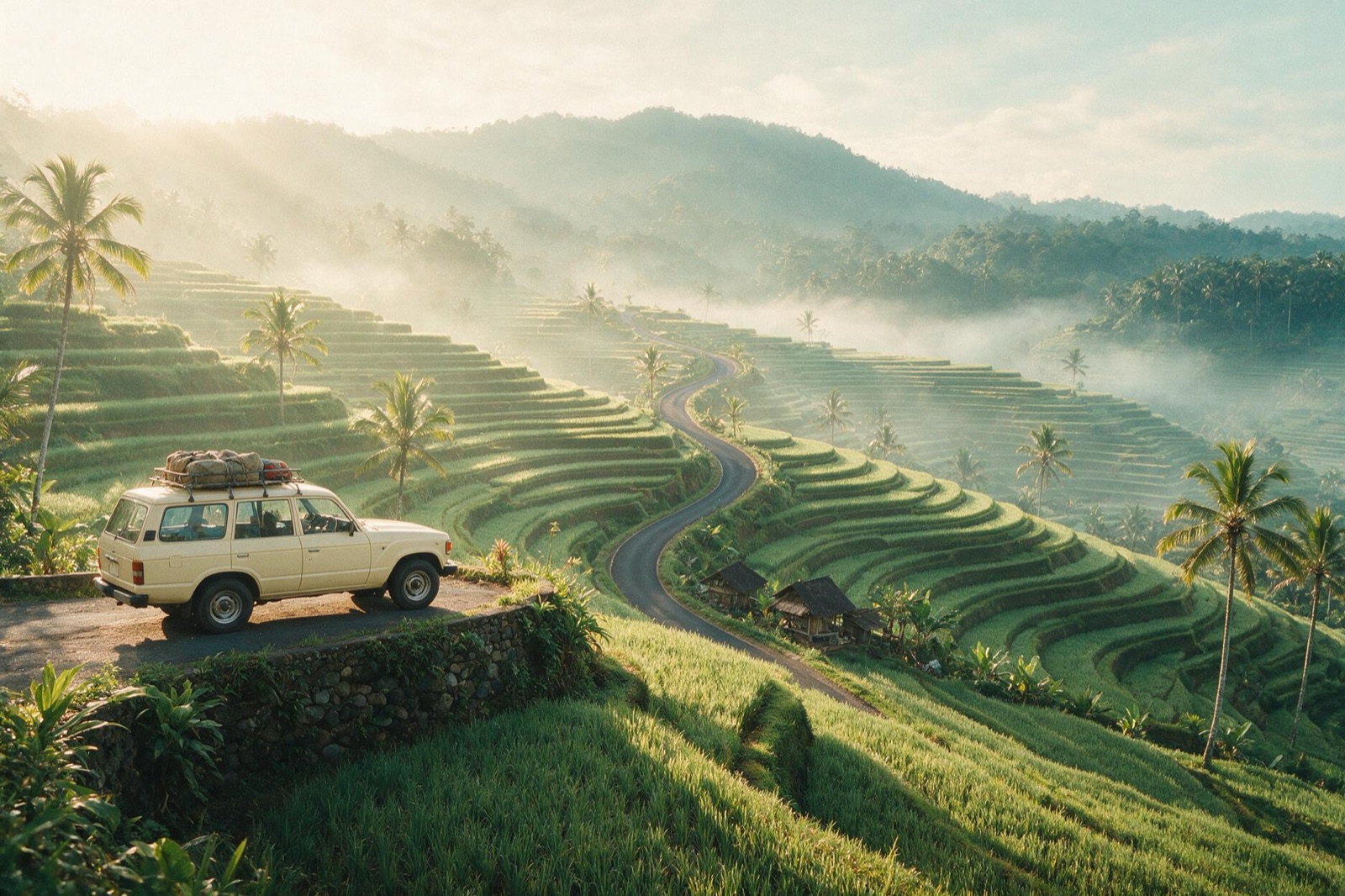 Carretera entre terrazas de arroz en Bali al amanecer