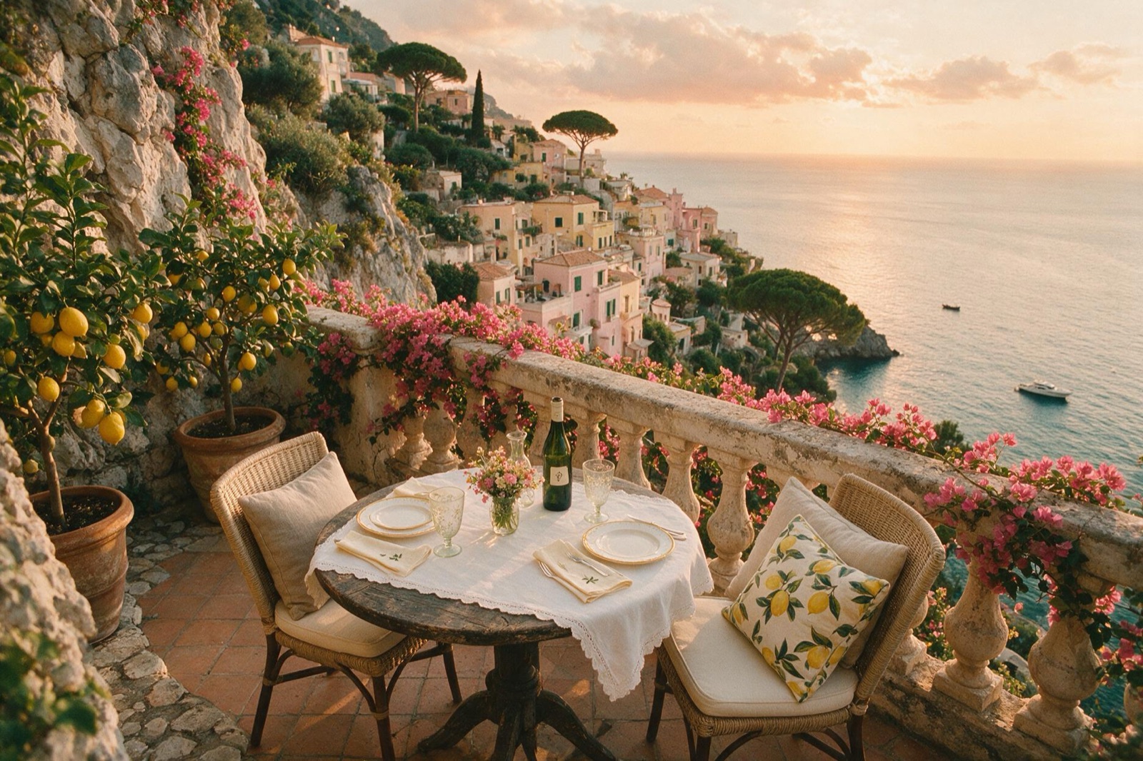 Terraza con vistas al mar en un pueblo de la costa Amalfitana al atardecer