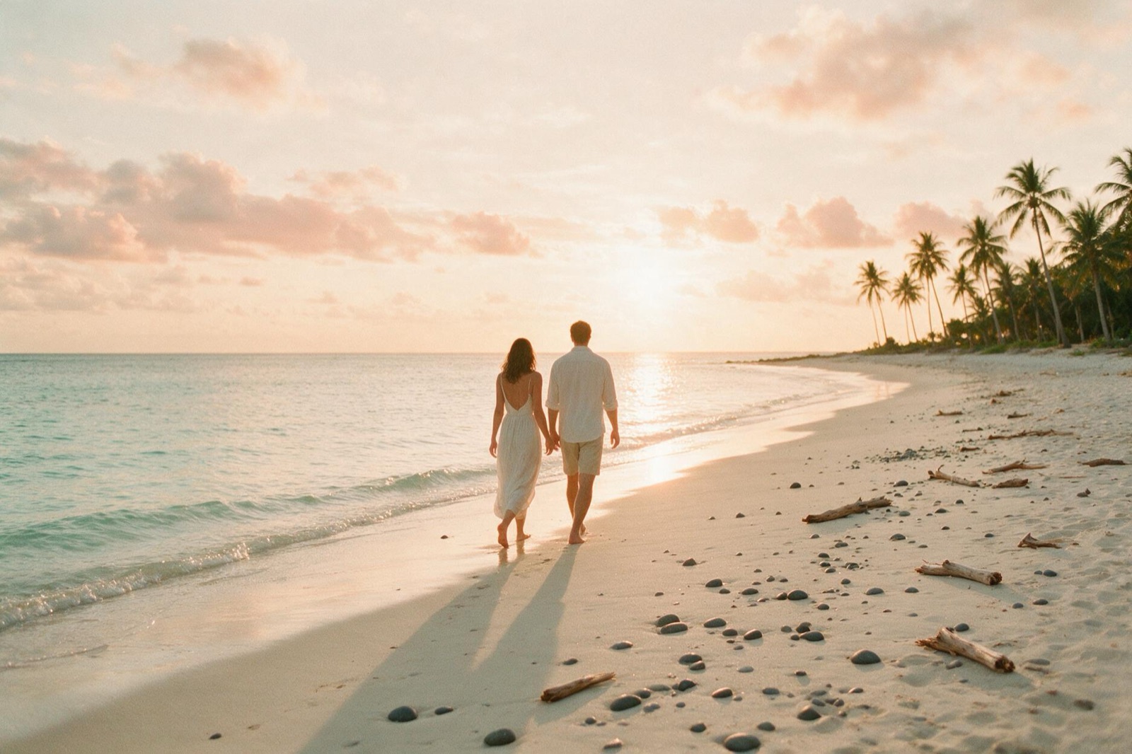 Pareja caminando por una playa tropical al atardecer