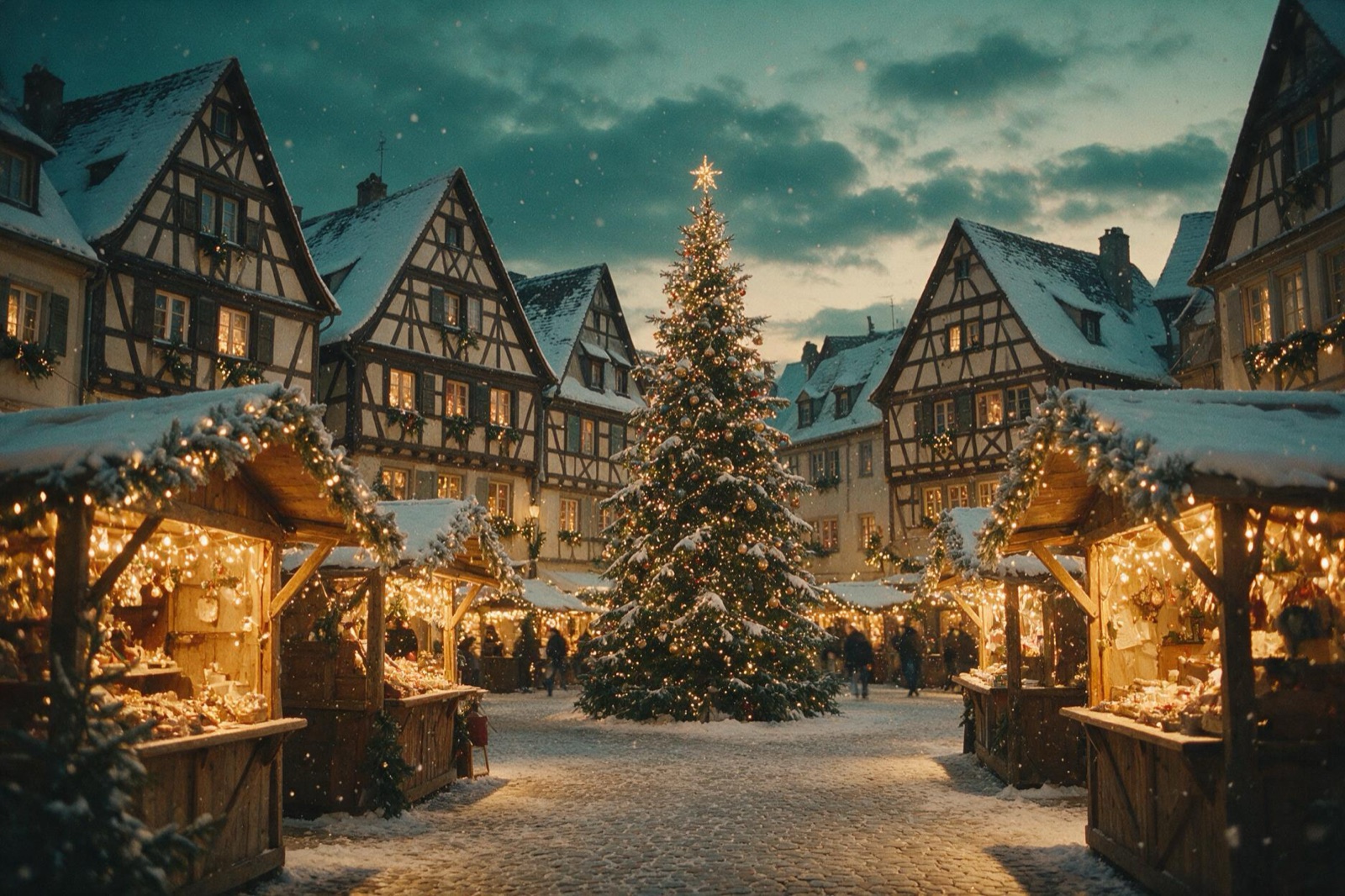 Mercado de Navidad iluminado en una plaza europea con nieve