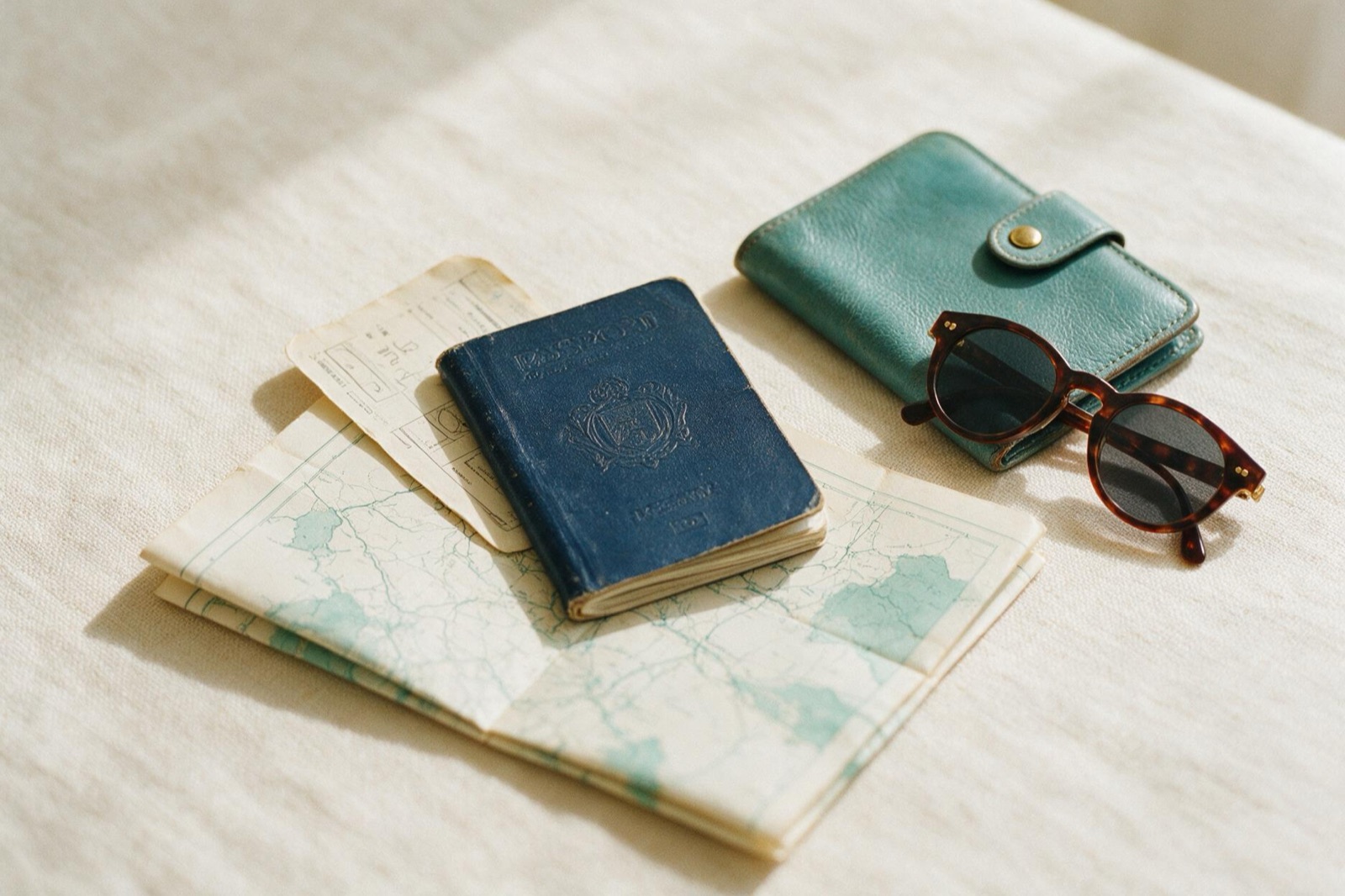 Pasaporte, tarjeta de embarque y mapa sobre una mesa de lino