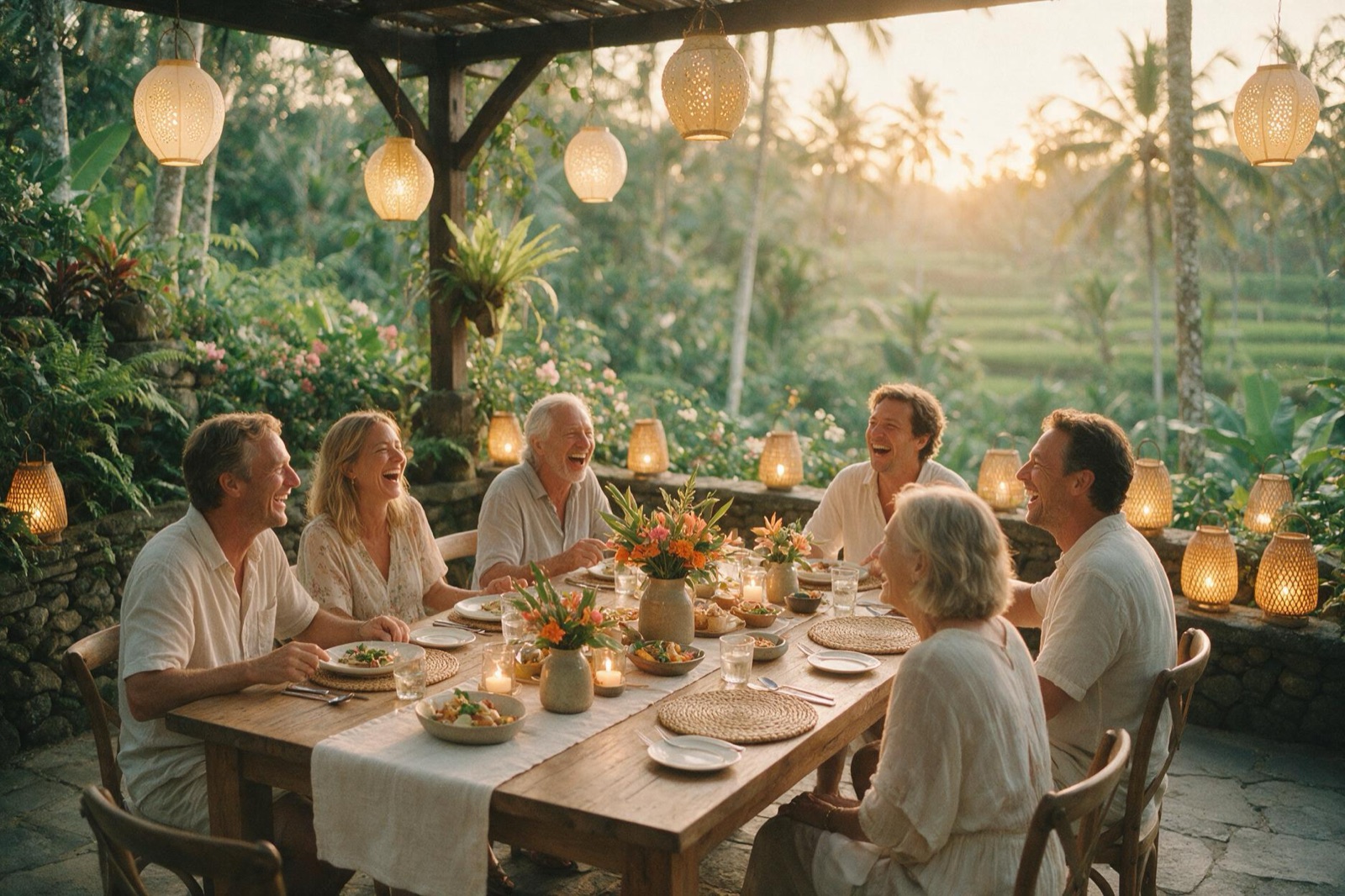 Grupo pequeño de viajeros cenando en una terraza entre arrozales al atardecer
